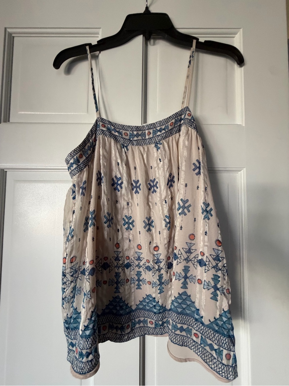 Rebecca Taylor Cream Spaghetti Strap Tank with Blue Embroidery